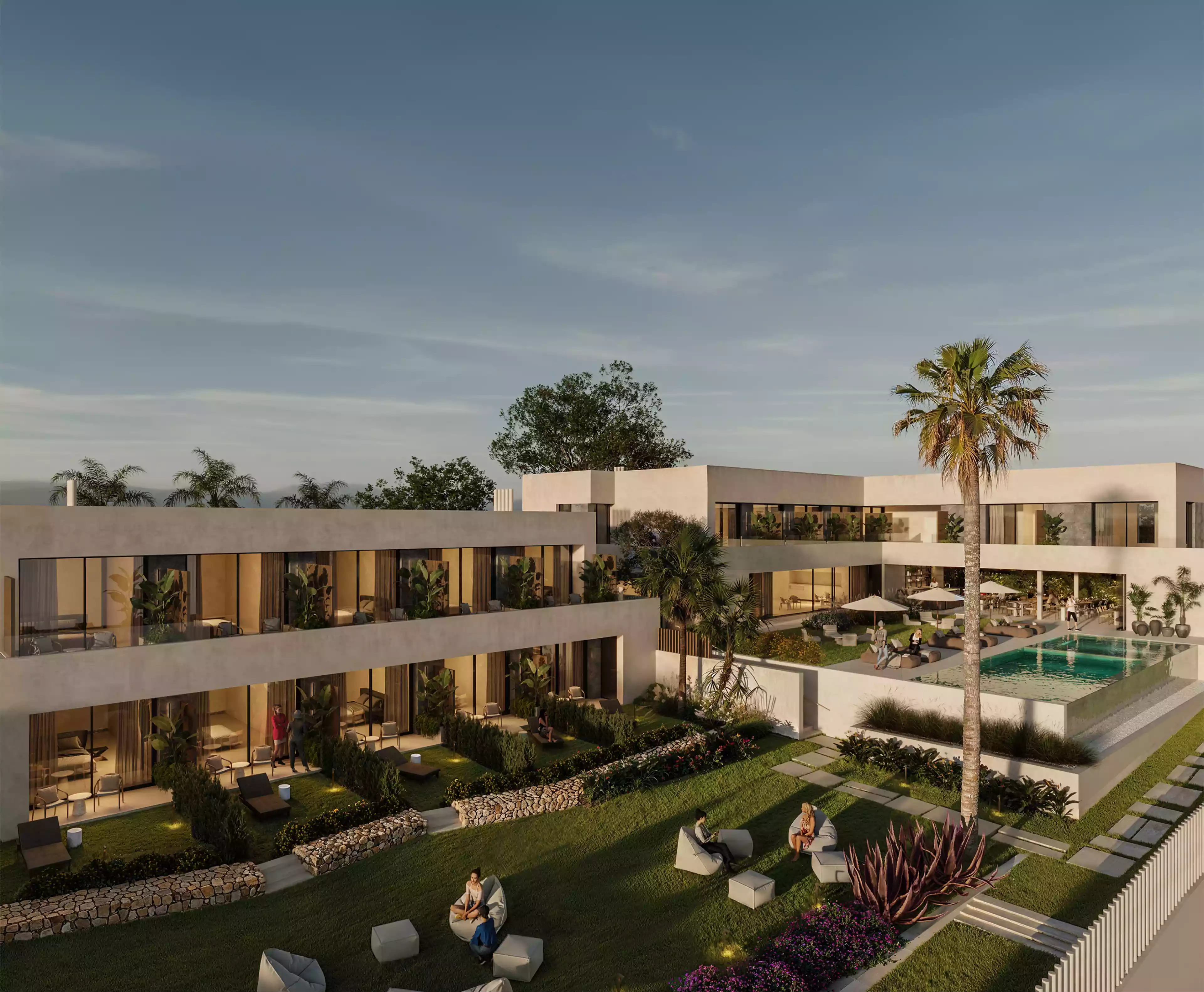 Vista exterior del centro de recuperación Naghoi, con arquitectura moderna, jardines y piscina diseñada para una recuperación reparadora.