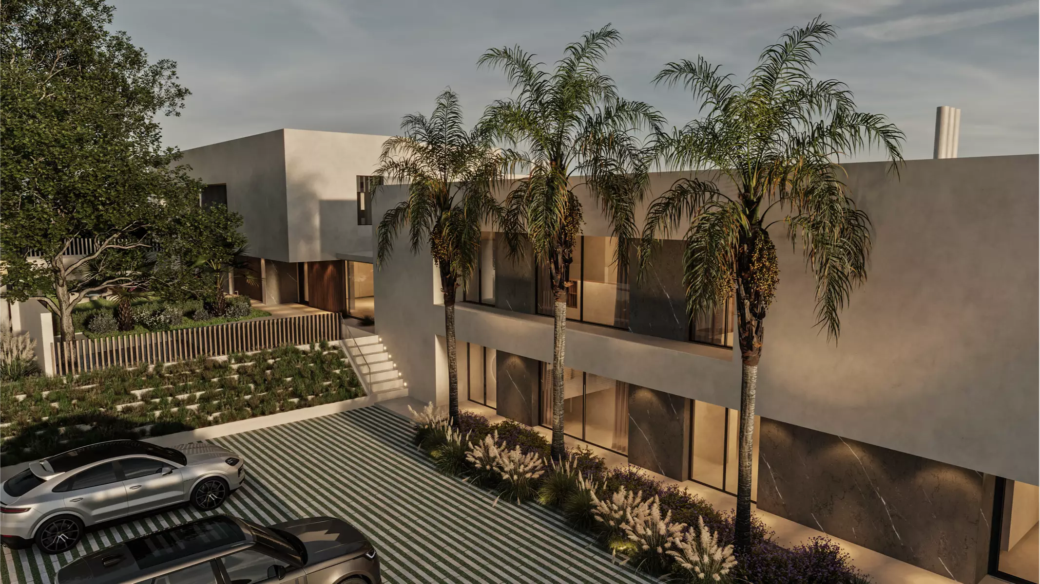 Vista de la entrada del centro de recuperación de Naghoi con arboleda, jardines paisajísticos y aparcamiento, diseñado para ofrecer privacidad y tranquilidad desde la llegada.